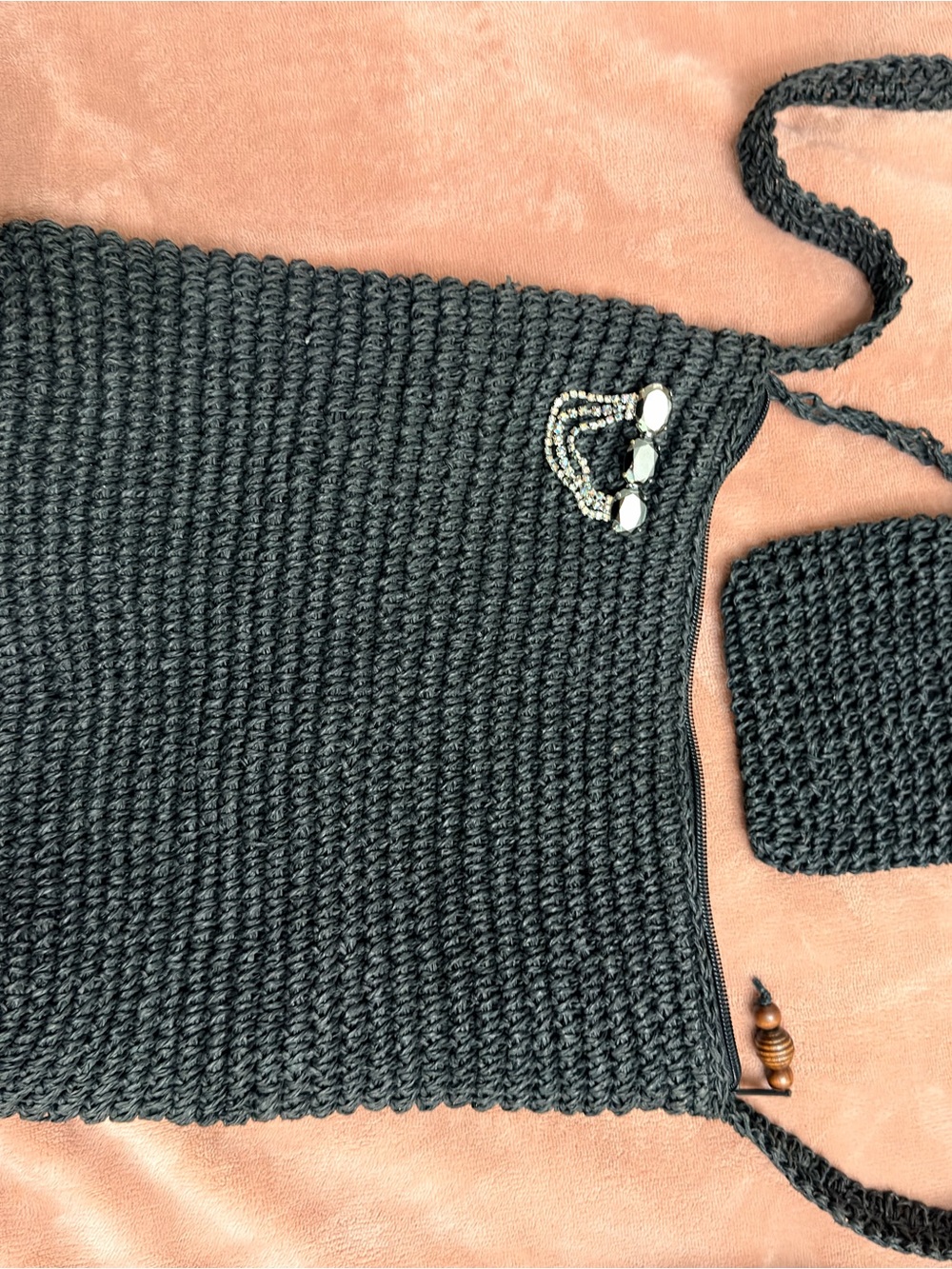Vintage Charter Club Black Crocheted black purse with beautiful accent pin.